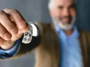 man holding hearing aid
